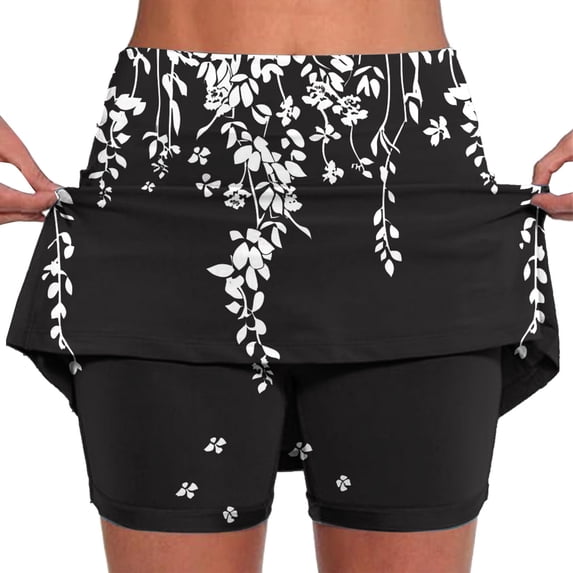 Nfurl Womens Workout Gym Tennis Skort Trendy Floral Printed Culottes Shorts Mid Waisted Athletic Running Shorts with Pockets Skort Shorts Black L