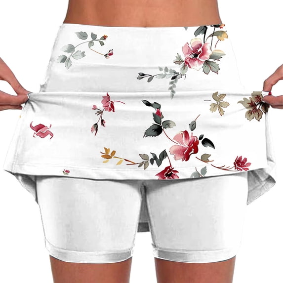 Nfurl Womens Workout Gym Tennis Skort Trendy Floral Printed Culottes Shorts Mid Waisted Athletic Running Shorts with Pockets Skort Shorts White S