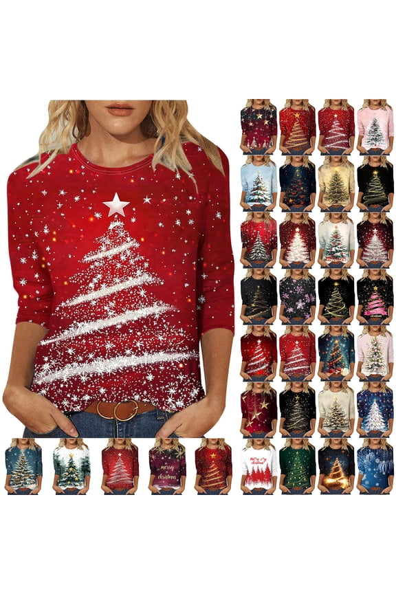 Womens Xmas Shirts Ladies Fashion Christmas Tree Printed Tshirts Cute Star Graphic Tees Casual 3/4 Sleeve Crewneck Tops for Festival Hot Pink XL