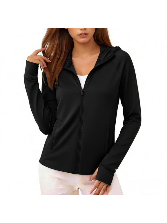 Womens Yoga Jackets with Thumbholes Fitted Lightweight Long Sleeve Running Athletic Sun Jackets Breathable UV Protection Clothing Black,Size L