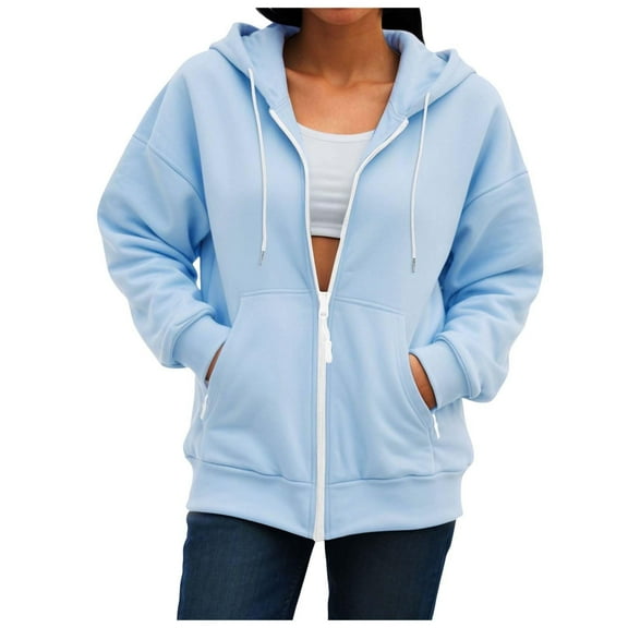 Nfurl Womens Zip Up Hoodies Comfy Drawstring Long Sleeve Hooded Sweateshirts Casual Y2K Jackets 2025 Ladies Fall Winter Coats Light Blue S