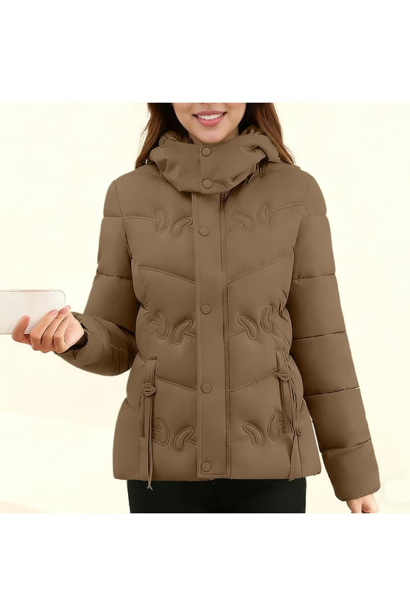 Womens Zip up Petite Winter Coats with Hood Elegant Long Sleeve Solid Color Quilted Puffer Jackets Fitted Outerwear Down Jackets Coffee XXL