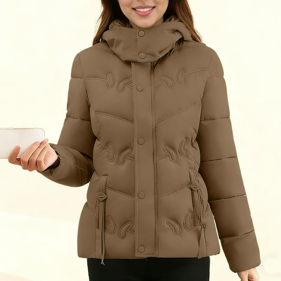 Nfurl Womens Zip up Petite Winter Coats with Hood Elegant Long Sleeve Solid Color Quilted Puffer Jackets Fitted Outerwear Down Jackets Coffee XXXL