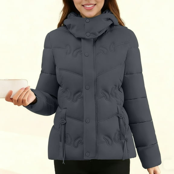 Nfurl Womens Zip up Petite Winter Coats with Hood Elegant Long Sleeve Solid Color Quilted Puffer Jackets Fitted Outerwear Down Jackets Gray XXL