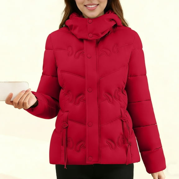 Nfurl Womens Zip up Petite Winter Coats with Hood Elegant Long Sleeve Solid Color Quilted Puffer Jackets Fitted Outerwear Down Jackets Red XXL