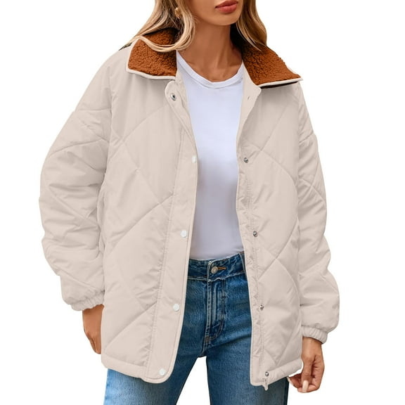 Nfurl Womens Zip up Quilted Barn Jackets Loose Fit Long Sleeve Solid Color Lapel Puffer Jacket Winter Padded Outerwear Coats Beige XL