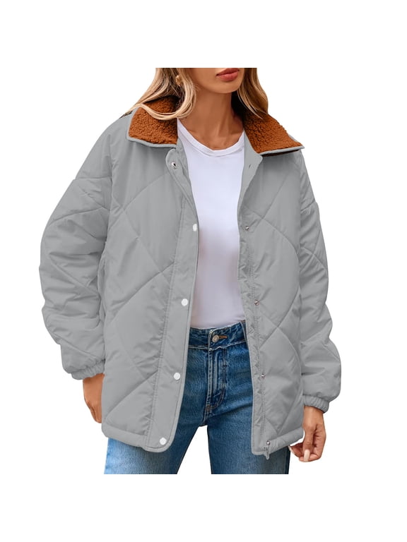 Quilted Jackets for Women Zip up Barn Jackets Long Sleeve Winter Outerwear Coats Gray S