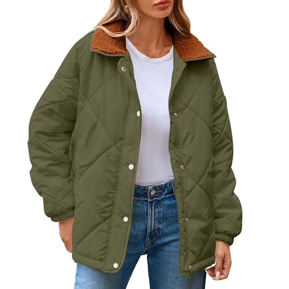 Nfurl Womens Zip up Quilted Barn Jackets Loose Fit Long Sleeve Solid Color Lapel Puffer Jacket Winter Padded Outerwear Coats Green XL