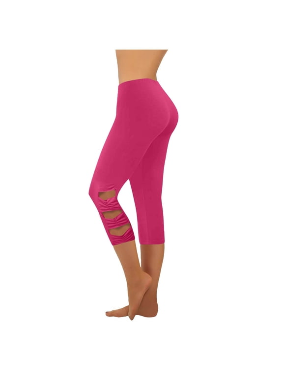Yoga Capri Pants for Women Tummy Control High Waisted Workout Yoga Leggings Slim Fitted Cutout Ripped Butt Lifting Leggings Hot Pink XXXL
