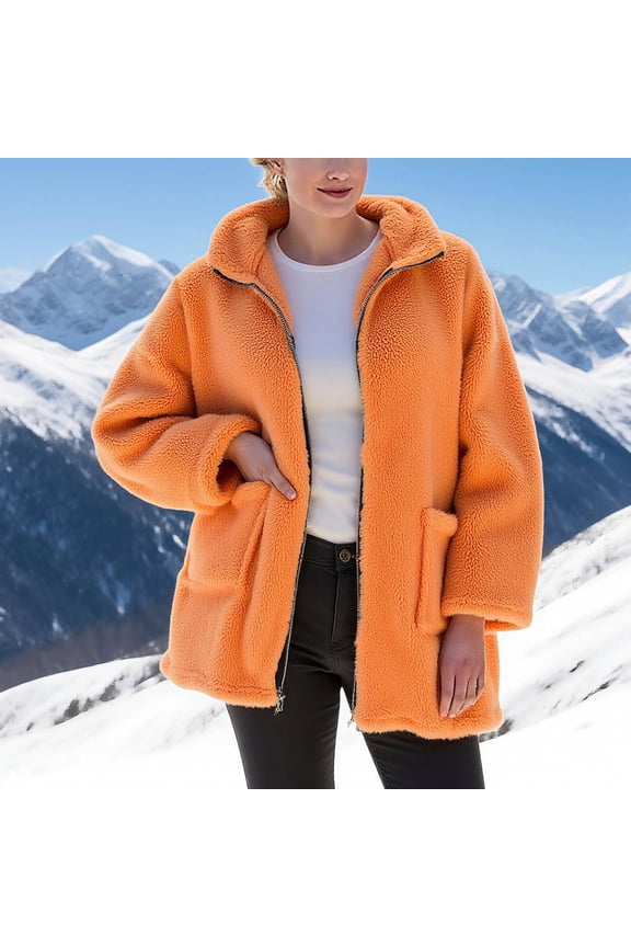 Zip Up Fleece Coats for Women Plus Size Thermal Long Sleeve Outerwear Jackets Soft Solid Color Oversized Jacket with Pockets Fall Winter Coats Orange M