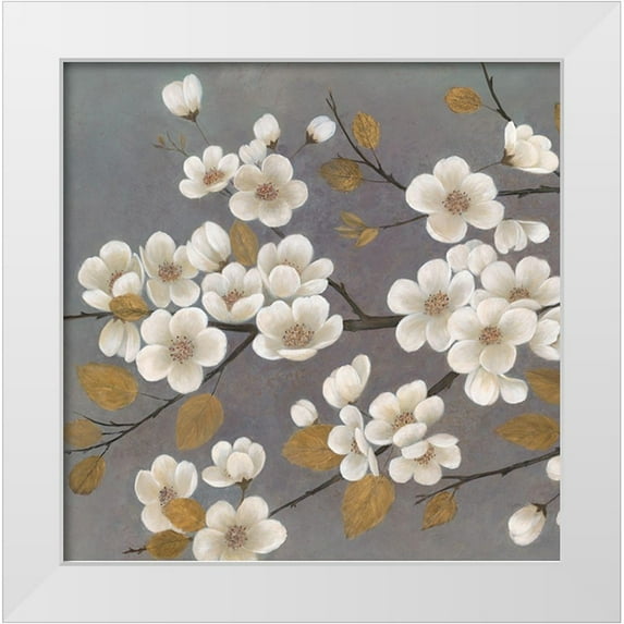 Ng, Crystal 15x15 White Modern Wood Framed Museum Art Print Titled - Gold Leaf Blossom Branch Square