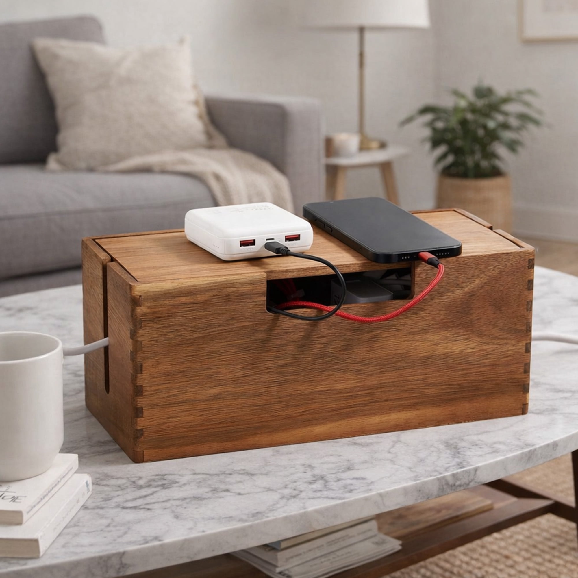 Ngardk Acacia Cable Management Box, Cable Organizer Box, 12.2"*5.1"X5.1". Pack of 1, Natural Wood