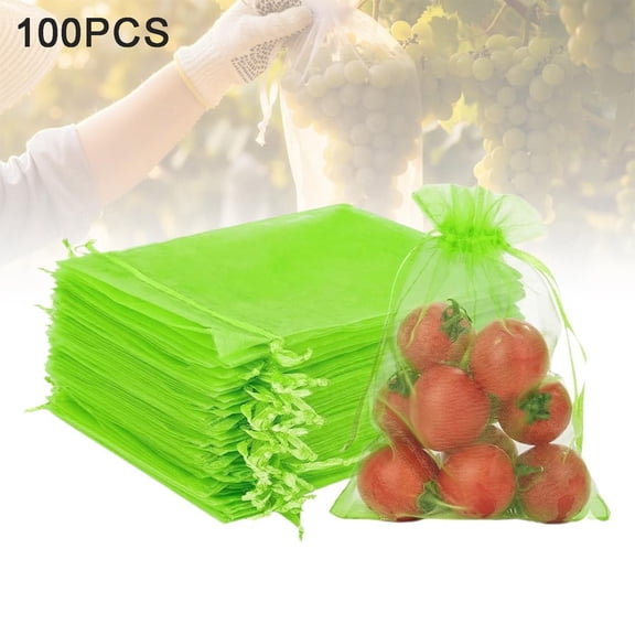 Ngheia 100PC Polyester Mesh Laundry Bag with Drawstring Closure Mesh Net Small Mesh Bags Drawstring for Trees Garden Barrier for Vegetables Tomatoes & Strawberries Green