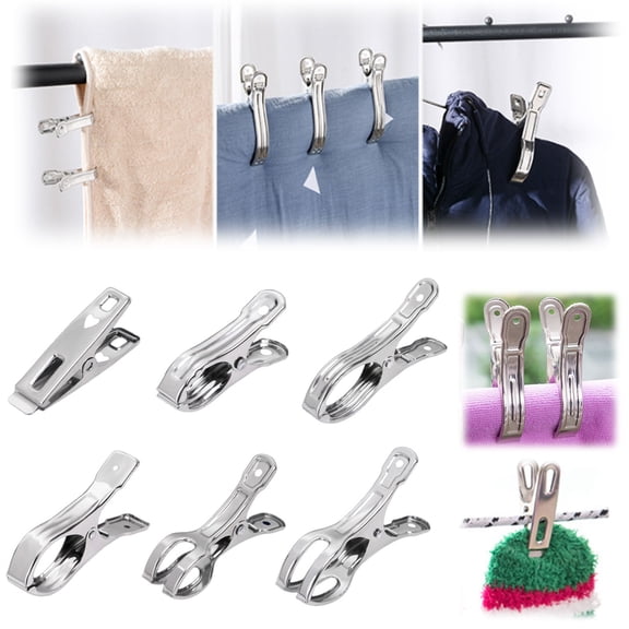 Ngheia 6PC Drying Clip, Stainless Steel Drying Clamp, Multi Functional Clothes and Quilt Clothespin for Windproof Laundry, Round Smooth Edge Won't Snag Fabric