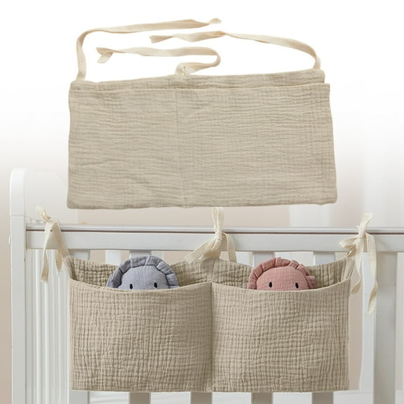Ngheia Beige/Khaki Double-Layer Cotton Bedside Storage Bag - Hanging Organizer for Baby Clothing, Toys, 5 Pockets, Nursery Caddy