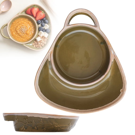 Ngheia Ceramic Soup and Sandwich Bowl with Side Compartment, Dual Section Serving Bowl to Separate Soup, Bread and Salad, Handled Split Bowl for Breakfast Lunch Dinner Table Serving and Kitchen