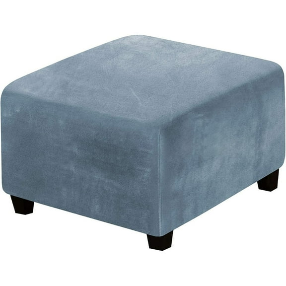 Ngheia Velvet Ottoman Slipcover (27-32 Inch) - Stretch Square Footstool Cover, with Elastic Bottom, Plush, Gray Blue