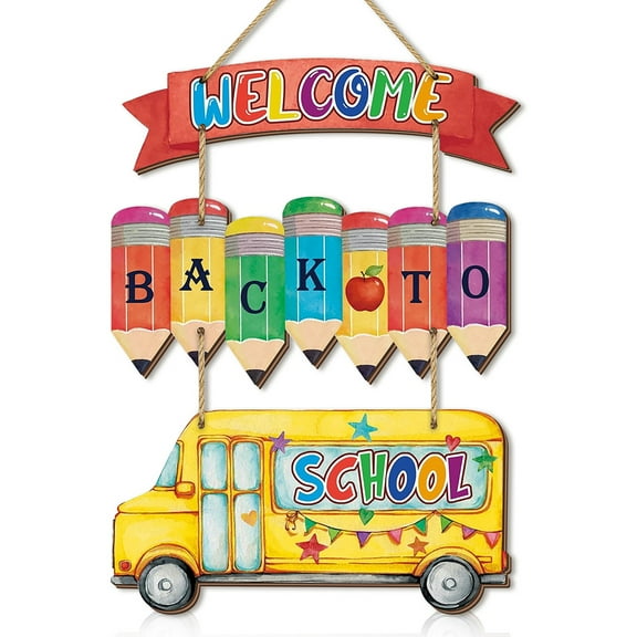 Ngheia Welcome Back to Schol Pendant, Cute Welcome Sign Wall Hanging Wooden Classroom Decoration with Pencil Bus Colorful First Day of Schol Door Hanging for Classroom Kindergarten
