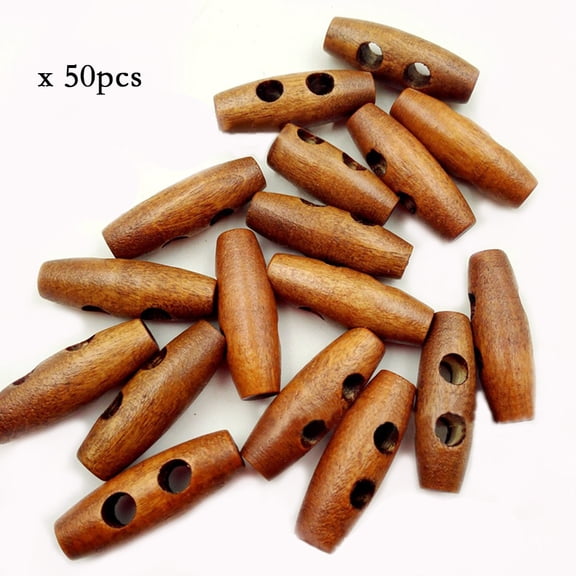 Ngheia Wooden Sewing Buttons 50Pcs, Buttons for Crafts Oval Coffee Color Toggles 2 Holes 10x30mm, Natural Craft Buttons for DIY Clothing & Coat, Rustic Home Decor