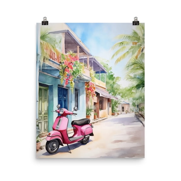Nha Trang Print, Vietnam Streetscape Wall Art, Pink Scooter Vespa Print, Retro Motorcycle, Asian Travel Decor Home Decor #211, Unframed Canvas Size 24x36