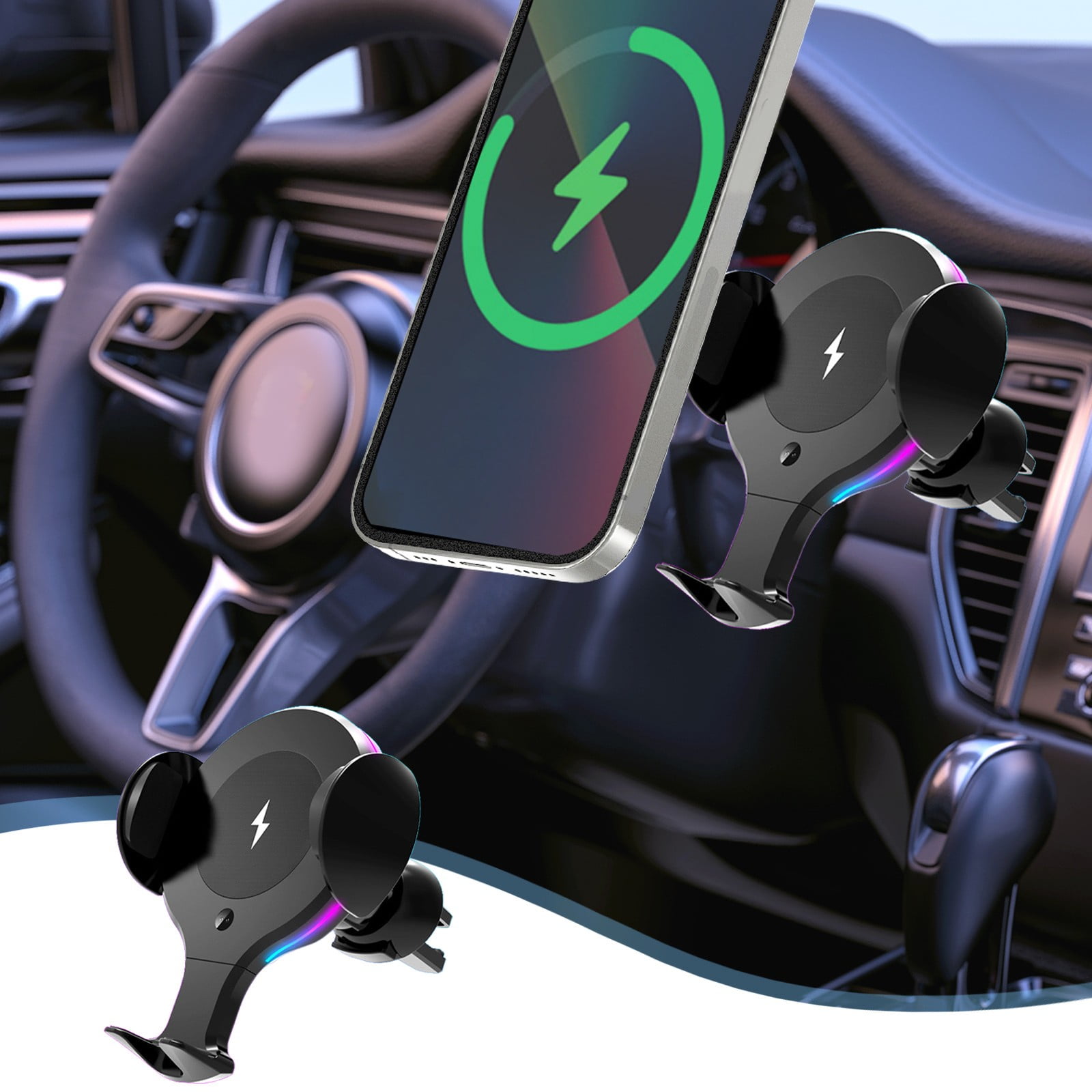 Nhthy 15W Mini Car Wireless Charger with RGB Lights Magnetic Fast Charging Phone Mount for Cars Intelligent Wireless Car Charger with Colorful LED. black Walmart