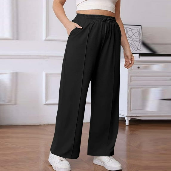 Nhthy Baggy Sweatpants for Women High Waisted Drawstring Wide Leg Plus Size Sweat Pants Hiking Running Fleece Lined Winter Black XL