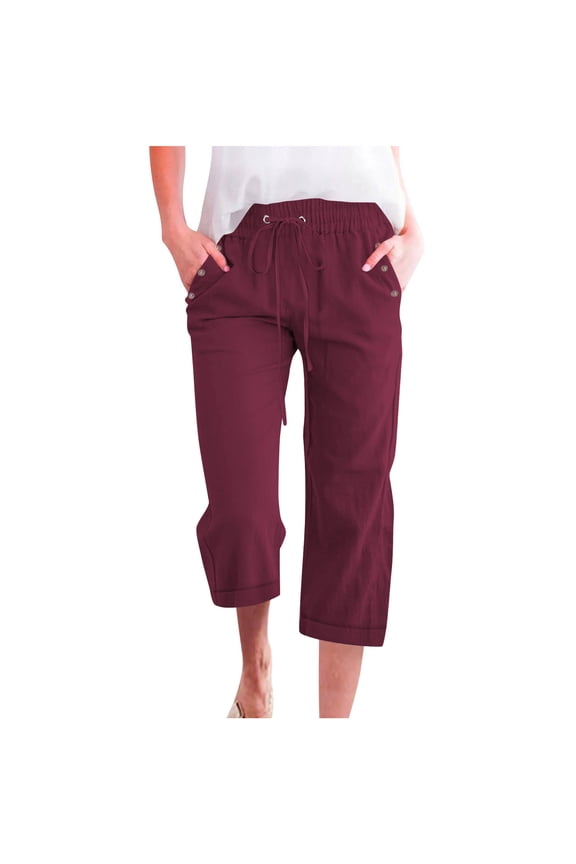 Cuffed Button Linen Blend Capri Pants for Women, Drawstring Elastic Waist Loose Wide Leg Side Pockets Summer Daily Wear Wine S