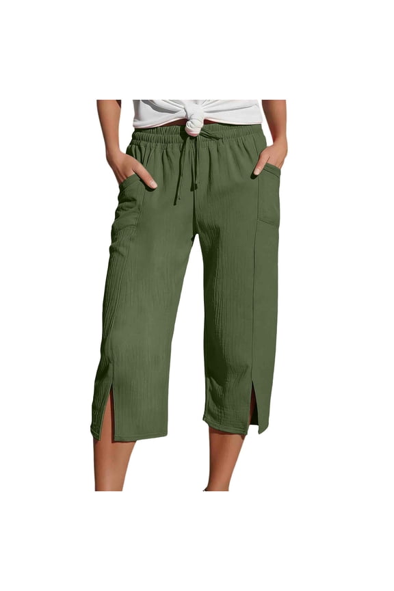 Double Layer Crinkle Linen Blend Capri Pants, Drawstring Elastic Waist Split Cuff Hem Side Pockets Summer Loose Fit Bottoms Army Green M