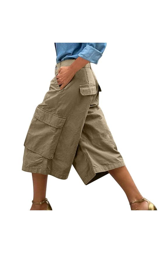 H-Line Straight Work Capri Cargo Pants for Women, Summer Solid Elastic High Waist Regular Stitched Side Pockets Daily Bottoms Khaki M