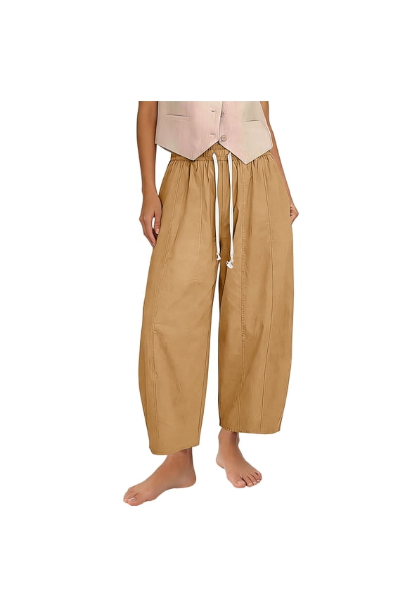 Ladies Daily Wide Leg Trousers, Drawstring Controlled Waist, Roomy Leg Design, Side Pockets, Breathable Lightweight Summer Daily Outfit Brown XL
