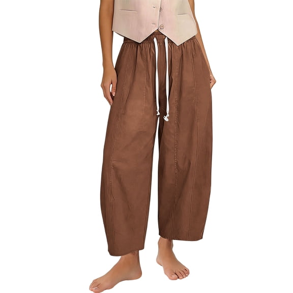 Nhthy Ladies Daily Wide Leg Trousers, Drawstring Controlled Waist, Roomy Leg Design, Side Pockets, Breathable Lightweight Summer Daily Outfit Coffee M