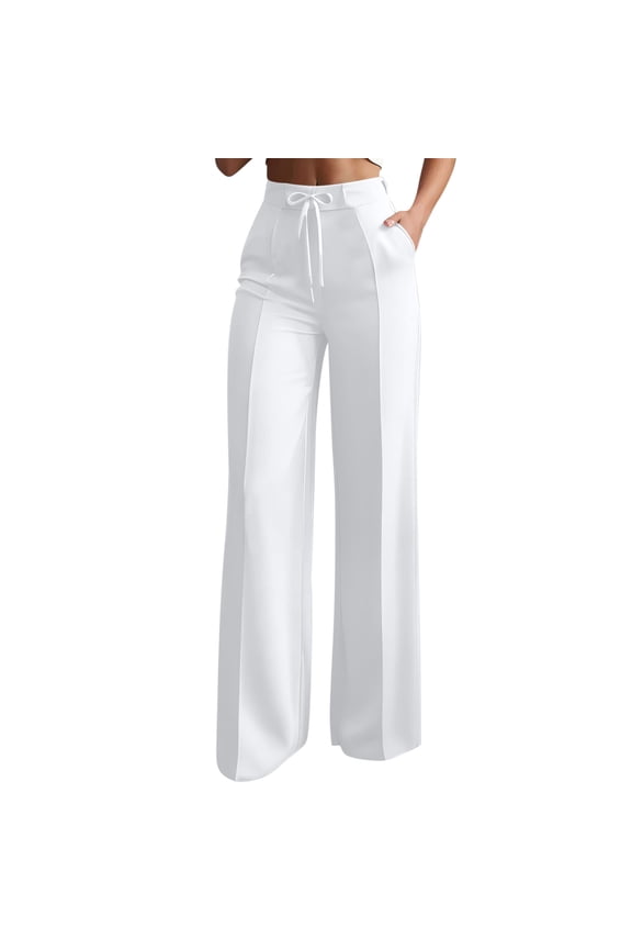 Ladies Elegant Draped Wide Leg Suit Pants, Heavy Drape Anti-Wrinkle Fabric, High Waist Design, Side Pockets, Office Commute Dressy Pants White L