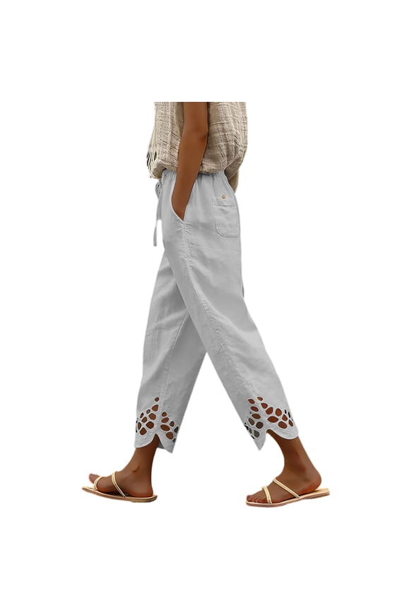Ladies Lace Trim Linen Ankle Slacks, Adjustable Drawstring Band, Lightweight Airy Fabric, Side Pockets, Hot Weather Daily Essential Pants Gray S