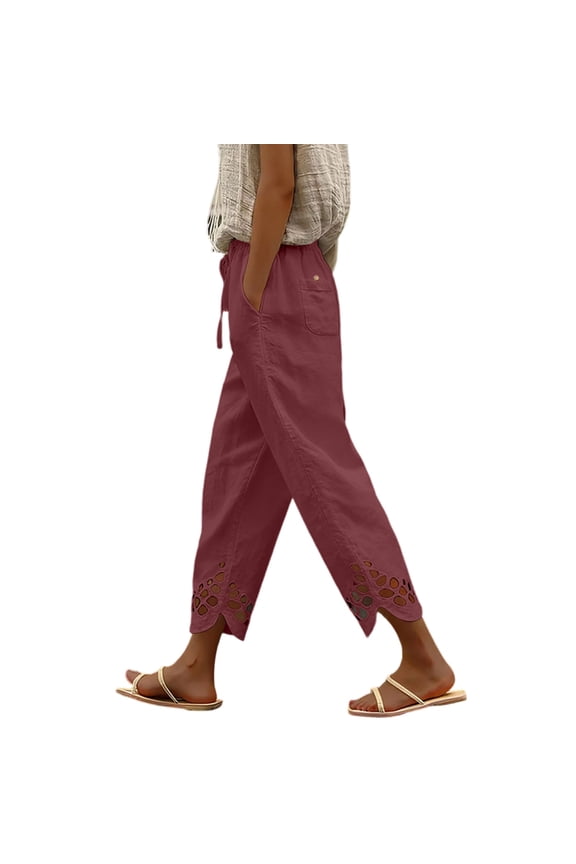Ladies Lace Trim Linen Ankle Slacks, Adjustable Drawstring Band, Lightweight Airy Fabric, Side Pockets, Hot Weather Daily Essential Pants Wine XL