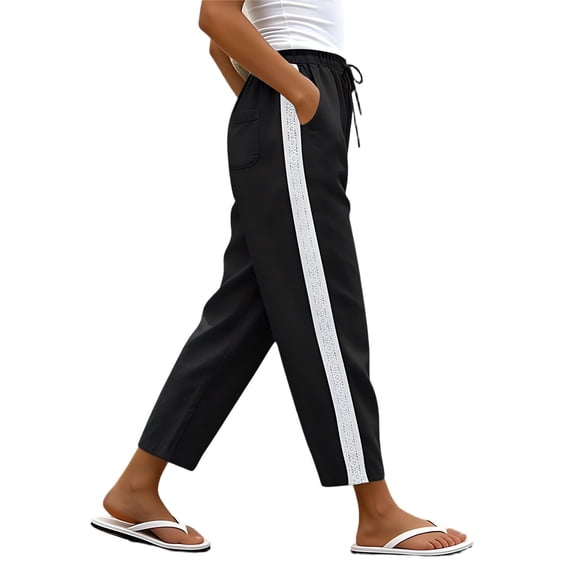 Nhthy Ladies Side Lace Inset Straight Pants, Exquisite Spliced Lace Craft, Soft Linen Blend Fabric, Elastic Waist, Elegant Daily Casual Trousers Black XXL