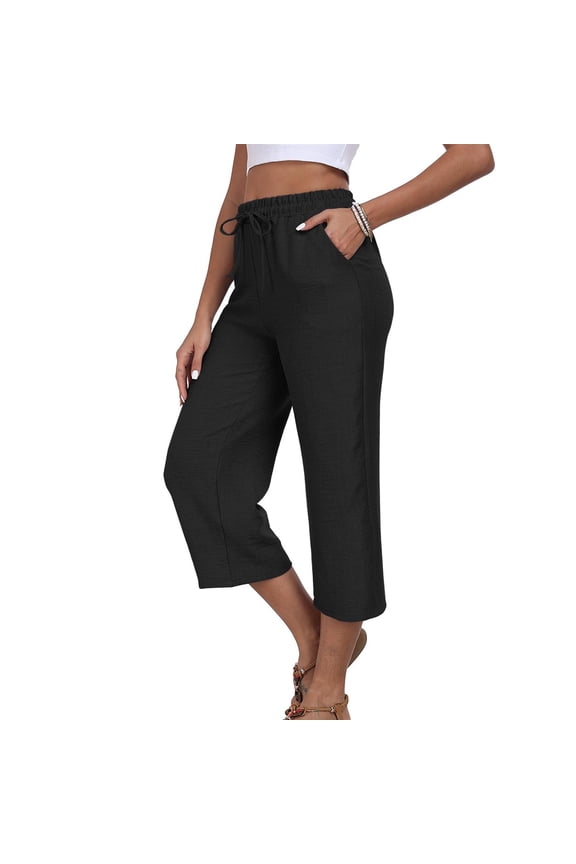 Loose Straight Linen Blend Capri Pants for Women, Solid Drawstring Elastic Waist Convenient Side Storage Pockets Casual Trousers Black M