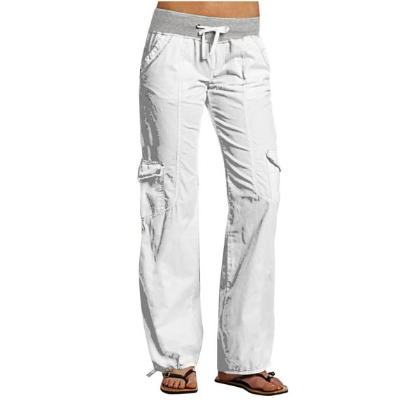 Nhthy Low Rise Pants for Women, Cargo Pants Women, Casual, Drawstring, Straight Leg, Hiking Pants, Y2k, Trendy Trousers White L