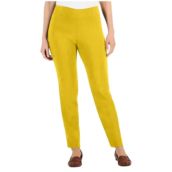 Nhthy Pants for Women Work Casual High Waisted Pants Stretch Office Dress Slacks Summer Straight Leg Elastic Waist Trousers Yellow S