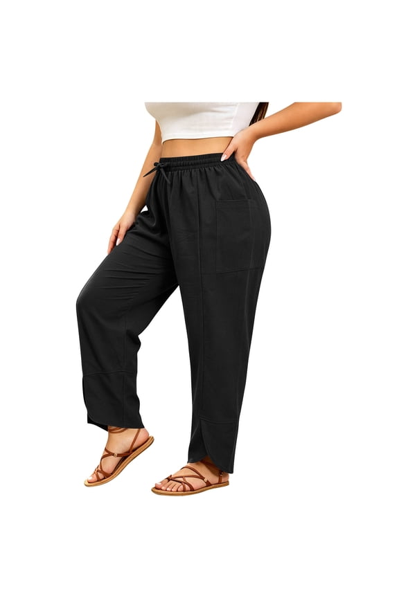 Plus Size Women’s Side Slit Linen Pants, High Waist Drawstring Design, Fashion Split Hem, Loose Relaxed Fit, Summer Holiday Long Pants Black XXXXL