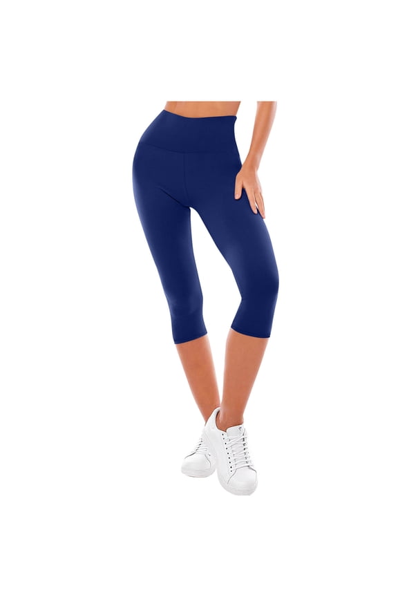 Solid Stretch Yoga Capri Leggings for Women, Elastic High Waist Soft Fabric Side Pockets Casual Workout Lounge Pants Blue XXL
