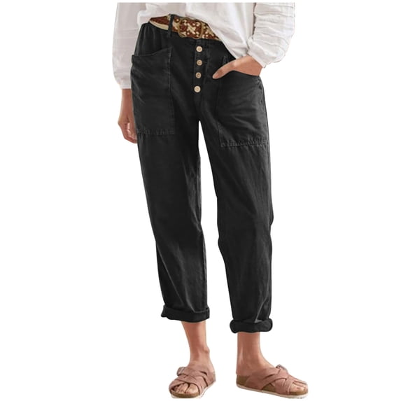 Nhthy Straight Leg Lightweight Solid Trousers for Women High Waisted Button Down Linen Pants with Pockets Black S
