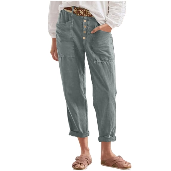Nhthy Straight Leg Lightweight Solid Trousers for Women High Waisted Button Down Linen Pants with Pockets Gray XL