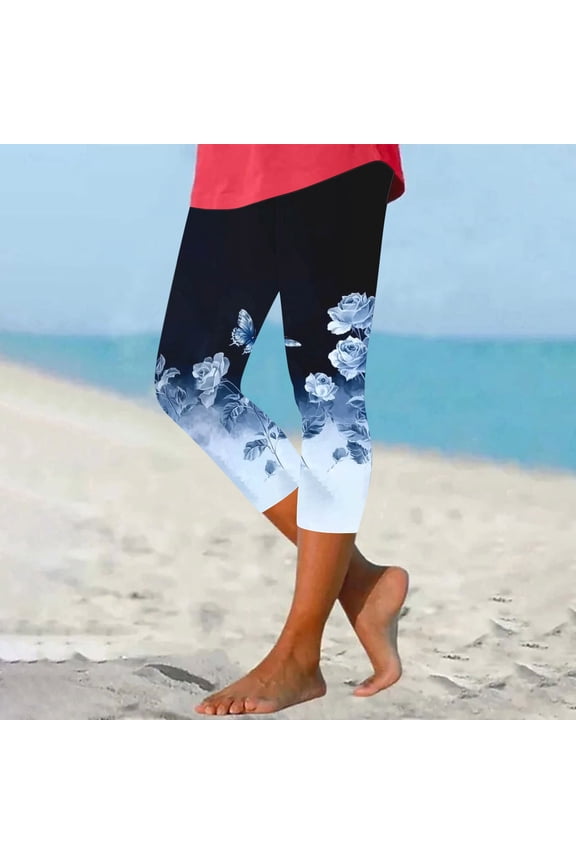 Summer Floral Printed Slim High Waist Capri Leggings, Stretch Elastic Waist Soft Breathable Women Daily Workout Pants Multicolor XXXXL
