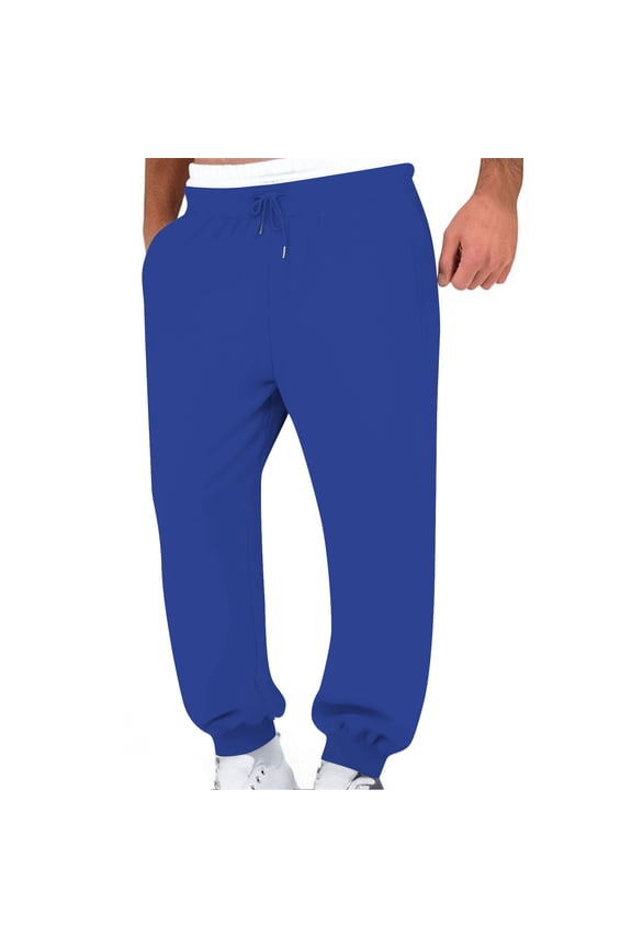 Unisex Solid Long Jogger Pants, Drawstring Elastic Double Layer Fake Waist Dual Side Big Pockets Casual Street Trousers Blue S