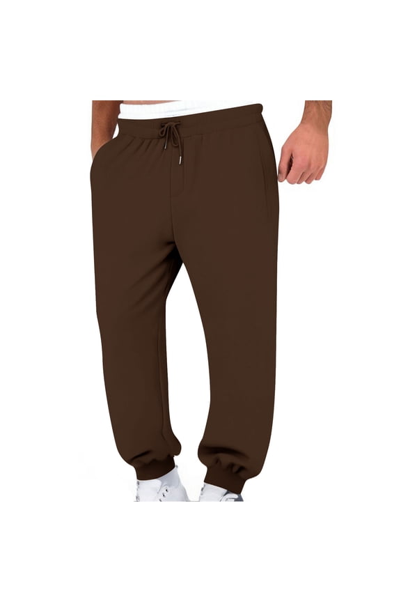 Unisex Solid Long Jogger Pants, Drawstring Elastic Double Layer Fake Waist Dual Side Big Pockets Casual Street Trousers Brown S