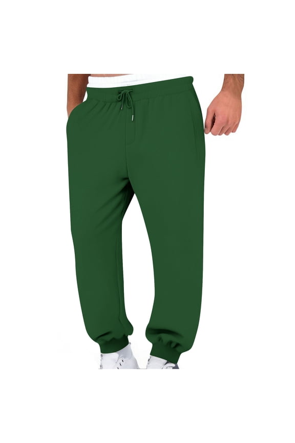 Unisex Solid Long Jogger Pants, Drawstring Elastic Double Layer Fake Waist Dual Side Big Pockets Casual Street Trousers Green S