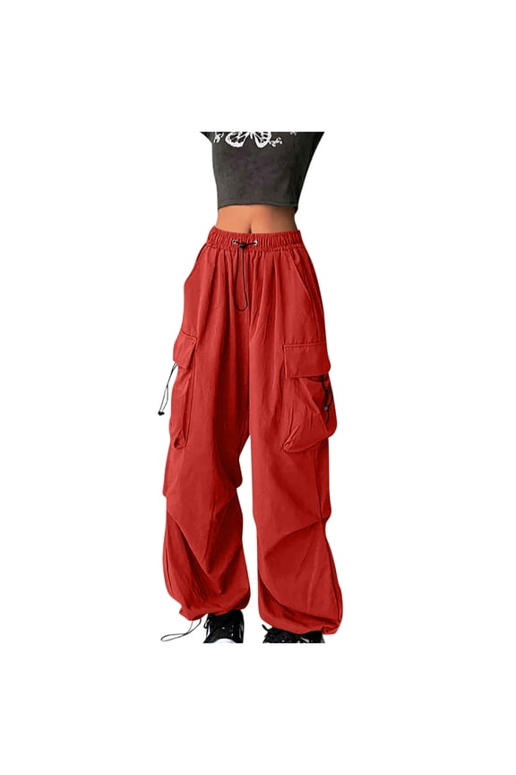 Vintage Streetwear Cargo Long Pants for Women, Elastic Drawstring Waist Multi Side Patch Pockets Loose Straight Trousers Wine M