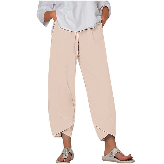 Nhthy Women Capri Pants Summer Loose Yoga Pants Comfy Workout Cropprd Pant Solid Color Lounge Capris with Pockets Plus Size Beige XXXL