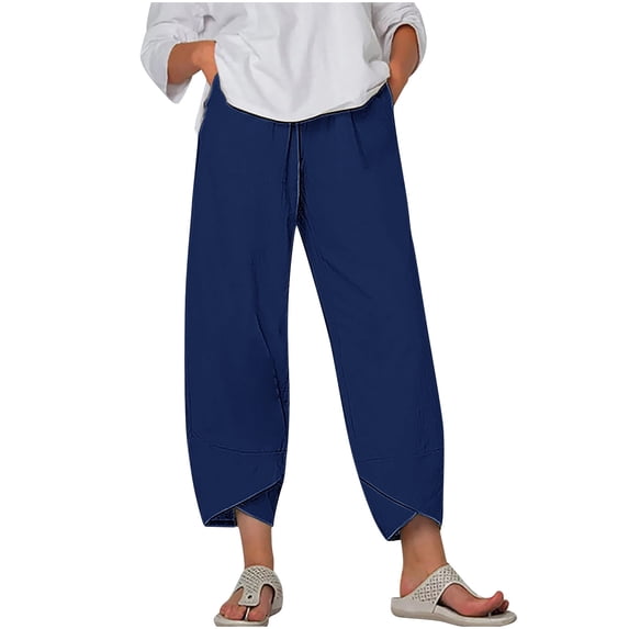 Nhthy Women Capri Pants Summer Loose Yoga Pants Comfy Workout Cropprd Pant Solid Color Lounge Capris with Pockets Plus Size Blue XXL