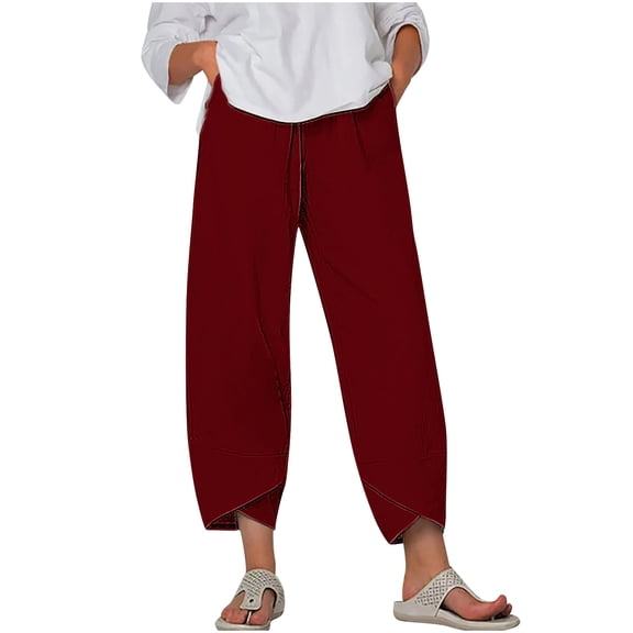 Nhthy Women Capri Pants Summer Loose Yoga Pants Comfy Workout Cropprd Pant Solid Color Lounge Capris with Pockets Plus Size Red M